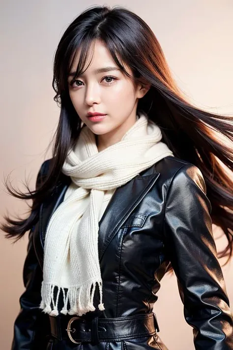 a woman with long hair and a scarf on her neck and a black jacket on her shoulders and a sky background, (1girl:0.998), (brown eyes:0.892), (brown hair:0.731), (fingerless gloves:0.869), (gloves:0.804), (hand on own cheek:0.639), (hand on own face:0.734), ...