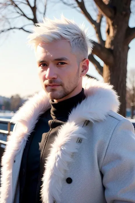 best quality, masterpiece, White hair,detailed, red eyes, windy, undercut hair,short hair, snowy, upper body, detailed face, winter, trees, sunshine,  (male 40 years old)