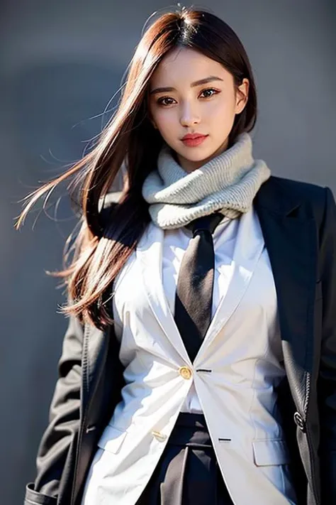 a woman with long hair and a scarf on her neck and a black jacket on her shoulders and a sky background, (1girl:0.998), (brown eyes:0.892), (brown hair:0.731), (fingerless gloves:0.869), (gloves:0.804), (hand on own cheek:0.639), (hand on own face:0.734), ...