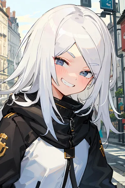 anime - style image of a woman with white hair and blue eyes