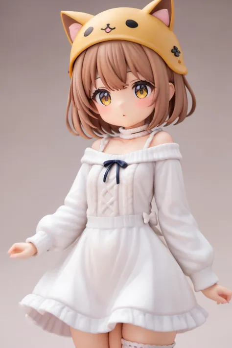 a close up of a doll wearing a white dress and a cat hat