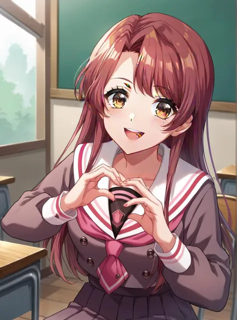 anime girl making a heart with her hands in a classroom