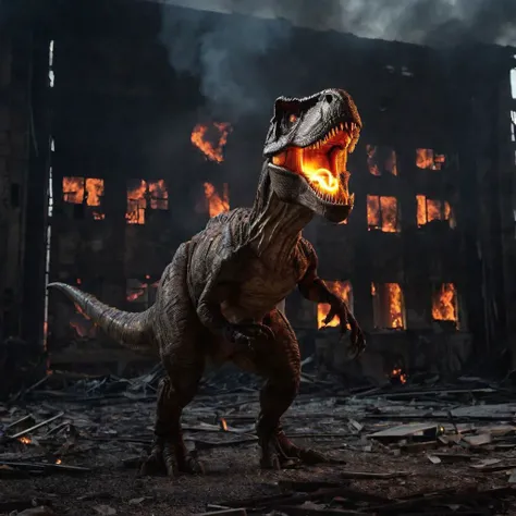 In this dramatic action shot, a t-rex fire creature emerges from the ruins of an abandoned factory, casting a ghastly and cinematic presence. Edge lighting enhances its menacing silhouette, accentuating its fiery and destructive nature. The backdrop is con...