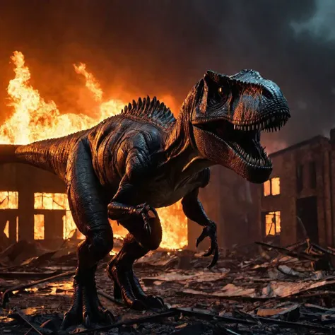 a large dinosaur standing in front of a fire in a destroyed building