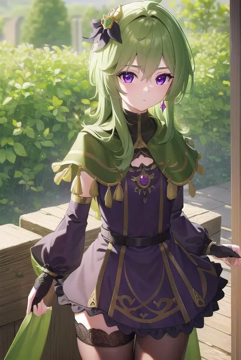 collei, <lyco:collei-lyco-nochekaiser:1>,
collei, crossed bangs, green hair, hair ornament, medium hair, (purple eyes:1.1), sidelocks,
BREAK black gloves, black skirt, black straps, bridal gauntlets, brown thighhighs, capelet, detached sleeves, gem, gloves...