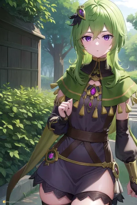 collei, <lyco:collei-lyco-nochekaiser:1>,
collei, crossed bangs, green hair, hair ornament, medium hair, (purple eyes:1.1), sidelocks, <lora:worriedeyes_v100:1>,
BREAK black gloves, black skirt, black straps, bridal gauntlets, brown thighhighs, capelet, de...