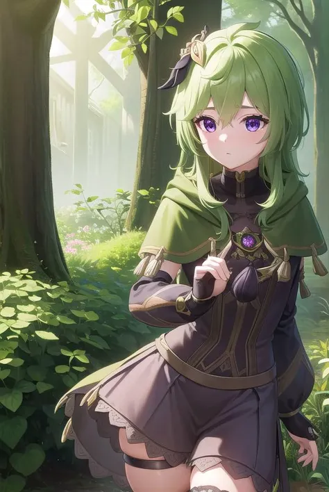 collei, <lyco:collei-lyco-nochekaiser:1>,
collei, crossed bangs, green hair, hair ornament, medium hair, (purple eyes:1.1), sidelocks,
BREAK black gloves, black skirt, black straps, bridal gauntlets, brown thighhighs, capelet, detached sleeves, gem, gloves...