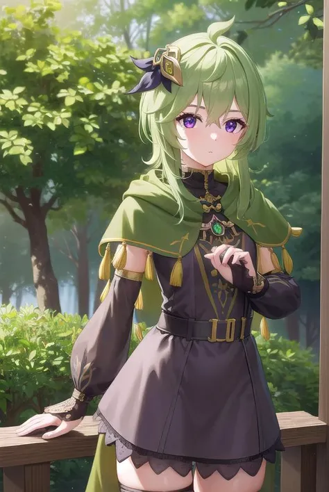 collei, <lyco:collei-lyco-nochekaiser:1>,
collei, crossed bangs, green hair, hair ornament, medium hair, (purple eyes:1.1), sidelocks,
BREAK black gloves, black skirt, black straps, bridal gauntlets, brown thighhighs, capelet, detached sleeves, gem, gloves...