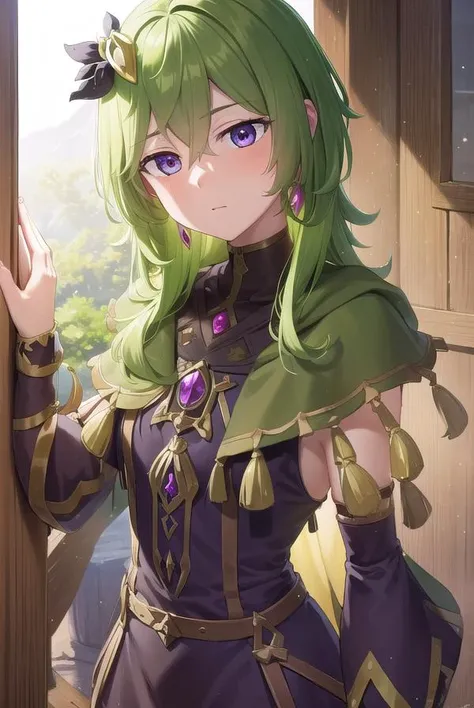 collei, <lyco:collei-lyco-nochekaiser:1>,
collei, crossed bangs, green hair, hair ornament, medium hair, (purple eyes:1.1), sidelocks, <lora:worriedeyes_v100:1>,
BREAK black gloves, black skirt, black straps, bridal gauntlets, brown thighhighs, capelet, de...