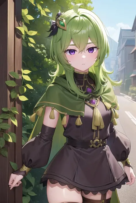 collei, <lyco:collei-lyco-nochekaiser:1>,
collei, crossed bangs, green hair, hair ornament, medium hair, (purple eyes:1.1), sidelocks, <lora:worriedeyes_v100:1>,
BREAK black gloves, black skirt, black straps, bridal gauntlets, brown thighhighs, capelet, de...