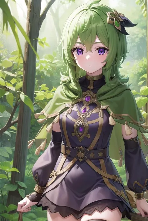 collei, <lyco:collei-lyco-nochekaiser:1>,
collei, crossed bangs, green hair, hair ornament, medium hair, (purple eyes:1.1), sidelocks,
BREAK black gloves, black skirt, black straps, bridal gauntlets, brown thighhighs, capelet, detached sleeves, gem, gloves...