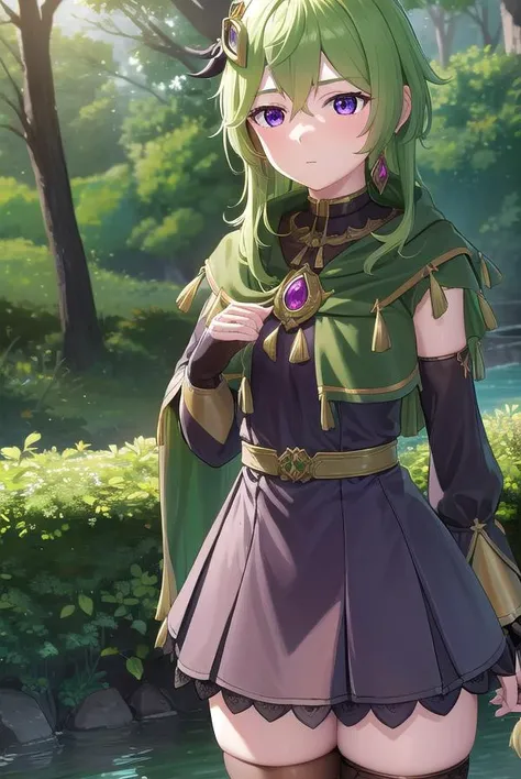 collei, <lyco:collei-lyco-nochekaiser:1>,
collei, crossed bangs, green hair, hair ornament, medium hair, (purple eyes:1.1), sidelocks, <lora:worriedeyes_v100:1>,
BREAK black gloves, black skirt, black straps, bridal gauntlets, brown thighhighs, capelet, de...