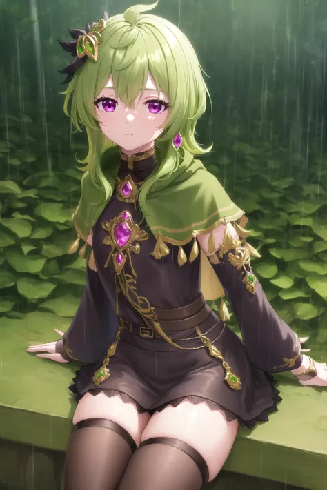 collei, crossed bangs, green hair, hair ornament, medium hair, (purple eyes:1.1), sidelocks,
black gloves, black skirt, black straps, bridal gauntlets, brown thighhighs, capelet, detached sleeves, gem, gloves, green capelet, green gemstone, jewelry, long s...