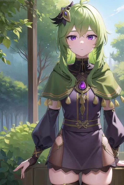 collei, <lyco:collei-lyco-nochekaiser:1>,
collei, crossed bangs, green hair, hair ornament, medium hair, (purple eyes:1.1), sidelocks, <lora:worriedeyes_v100:1>,
BREAK black gloves, black skirt, black straps, bridal gauntlets, brown thighhighs, capelet, de...