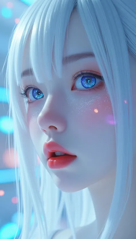 A close-up of a young girl shows her icy white hair with long side bangs, and pale skin with subtle hexagon textures. Her bright blue eyes, with circuitry-patterned pupils that almost glow, reflect digital patterns. Soft, colorful lighting casts abstract p...