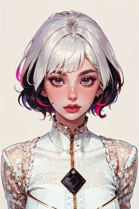 1girl, solo, upper body, looking at viewer, white background, bob cut, short hair, multicolored hair, makeup, parted lips, red lips, eyeliner, <lora:camrronev1-000012:1> camimarr0