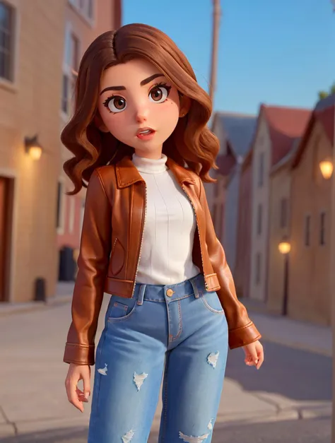 a cartoon girl in jeans and a leather jacket stands on a sidewalk