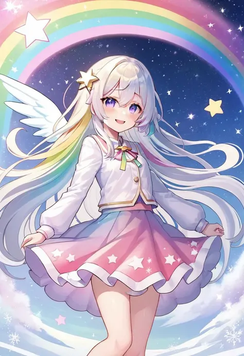 (cute twinkle star background:1.3), light colors, 1girl, with white hair pastel rainbow, sparkles, pastel eyes, long hair, wavy hair, blend with twinkle star, smiling, happy, short dress, rainbow, cute girl, hands in chest, winter, snowing, fullbody, angel...