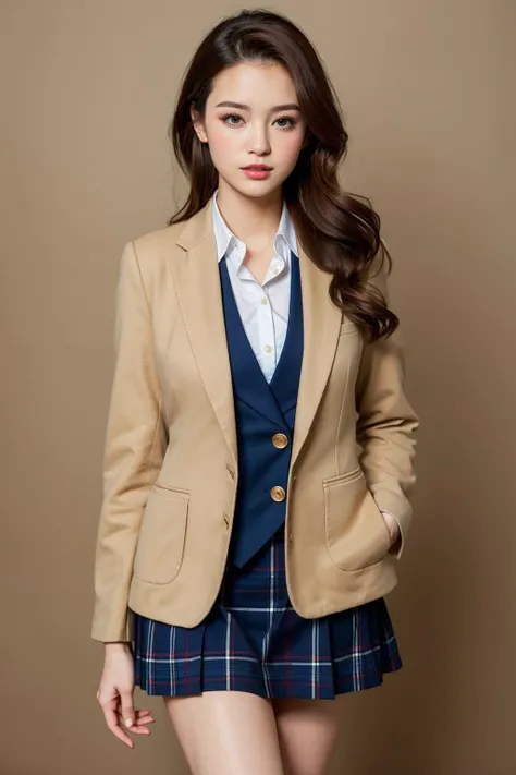 hyper realistic, masterpiece, best quality, ultra detailed, photorealistic, 1girl, standing,  jk, navy blue blazer, large plaid skirt, beige loose tie,sideswept hair, navy blue high socks, black loafers, makeup, (simple background:1.1)