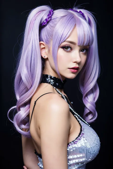 a woman with long purple hair and a purple bow in her hair