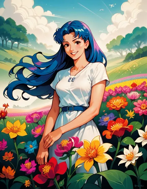 score_9, score_8_up, score_7_up, score_6_up, score_5_up, score_4_up, happy Misato Katsuragi from Neon Genesis Evangelion standing in a beautiful field of flowers, colorful flowers everywhere, perfect lighting,  hud_shera_bk_styl, <lora:shera-000007:1>,