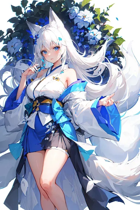 anime girl with white hair and blue dress posing in front of a bush