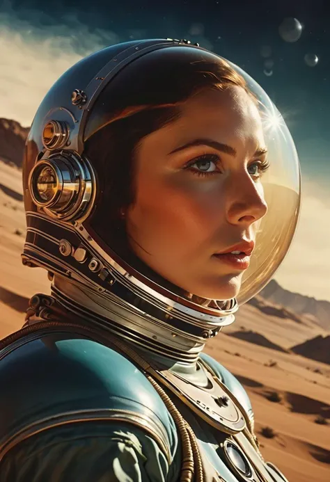 a close up of a woman in a space suit in the desert