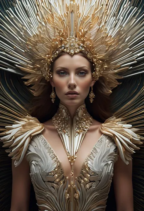 a woman in a gold dress with large feathers on her head