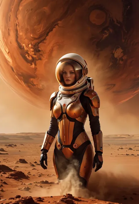 a woman in a space suit walking on a desert with a planet in the background