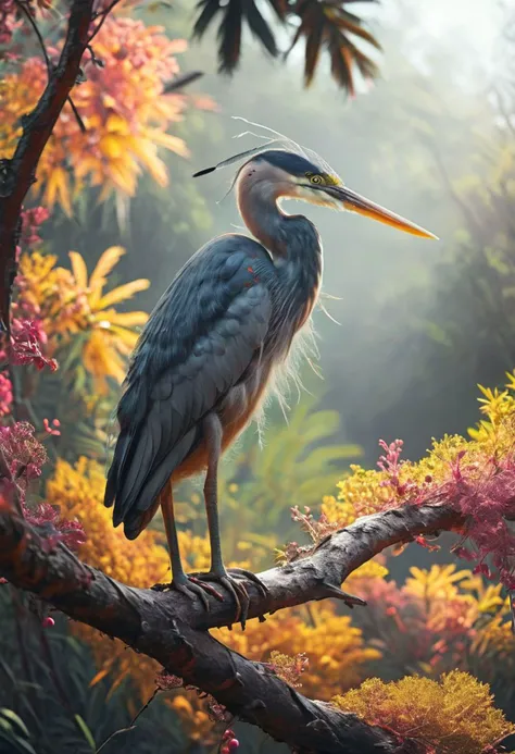 ( a heron sitting on a thick branch , glowing iridescent feathers ) , perfect composition , perfect eyes , shadows, glow, realistic, god ray , tropical forest  , peaceful , <lora:- SDXL - vanta-black_contrast_V3.0:0.8>. Detailed art, many details, cute, ad...