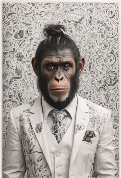 closeup portrait photo of a chimp with a man-bun wearing a white suit with hand drawn doodles and a white necktie with hand drawn doodles black on white, facing the camera, quirky and whimsical feel, background with hand drawn doodles black on white, highl...