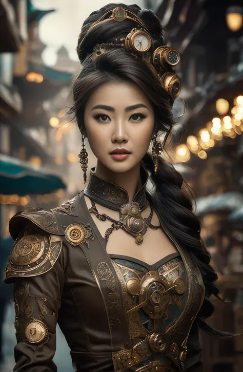 Steampunk style  pretty  and elegant asian girl walking in street ,full shot body photo of the most beautiful artwork in the world, steampunk,futuristic dystopian world,  trending on ArtStation, trending on CGSociety, Intricate, High Detail, Sharp focus, d...