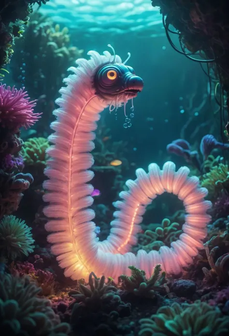 cute cuddly fluffy worm, (underwater:1.2), 
fluorescent plants, (air bubbles:1.1),
translucent, cyborg,
futuristic, biodome,
neon light, cyberpunk, crepuscular rays,