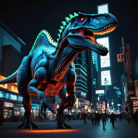 mechanical tyrant dinosaur in the city, scary, glowing blue eyes, neon lights, ultra-realistic, best quality, 8k, dynamic pose