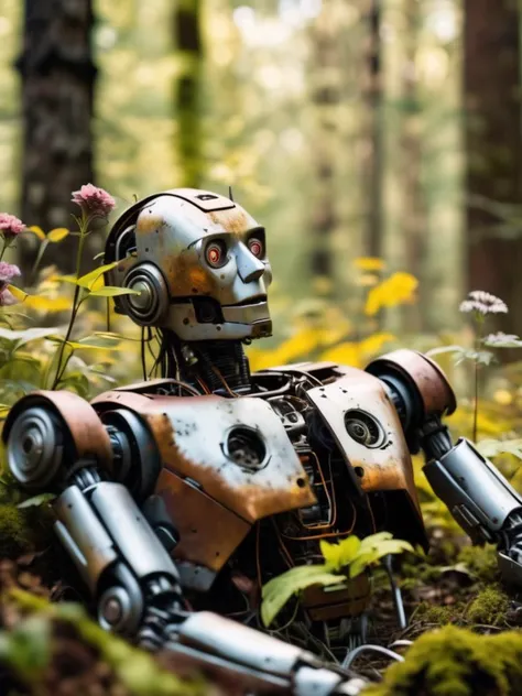 a dead old and rusty body of a robot lying in the forrest, plants and flowers grow out of the body of robot, depth of field, bokeh effect, ultra realistic, cinematography, hyper detailed, absolute realism