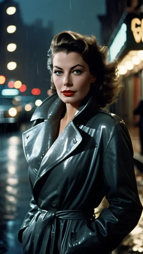 Ava Gardner 25 years old,soft skin,full lips,blonde hair,thin eyebrows,walking in rain,wearing turtleneck and scarf,masterpiece,film noir,night,blade runner environment,view of city,bokeh,(photo style of Annie Liebovitz, Vogue photoshoot studio) full body ...