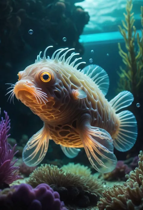 cute cuddly fluffy blob sculpin, (underwater:1.2), 
fluorescent plants, (air bubbles:1.1),
translucent, cyborg,
futuristic, biodome,
neon light, cyberpunk, crepuscular rays,