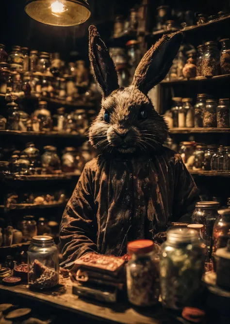 large format photo of nightmare , where shadows have teeth, dark colors, deep dream,a strange and creepy horrible laboratory with a man with a bunny costume with bloody knife in hand, jars with bits of human on shelves,horror,High Detail, Sharp focus, dram...