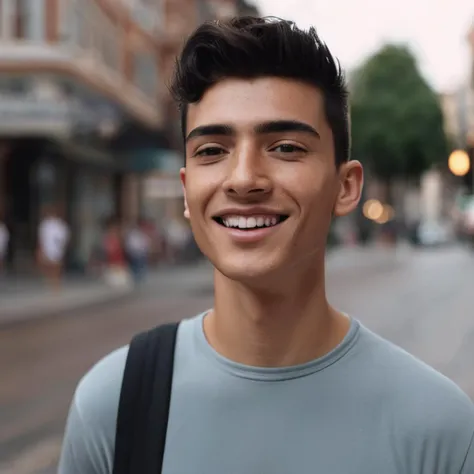 boy walking on street, short hair,black hair, trending fashion, masterpiece, realistic, best quality, 8k, look at viewer, detail eyes, detail face, (detail skin),(( pores: 1.3 )), (freckles:0.6), acne, smile, teeth