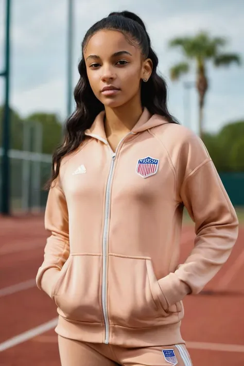 best quality, promotional a girl 20yo skin skin-color color stand in united states, huston, tracksuit, General_Camera  135mm f1.8 len, realistic