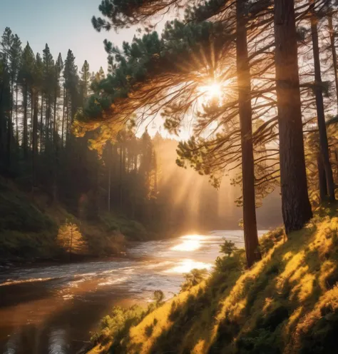 photo , river, pine trees, god rays, golden hour