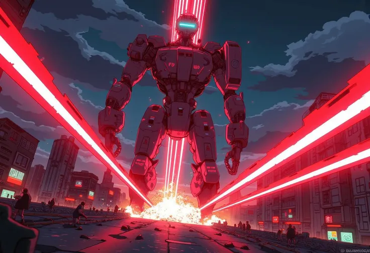 cyberpunk, anime, from below, epic scene of a giant mecha emitting red beams of light that destroys everything in its path, explosions, night time, city on flames,