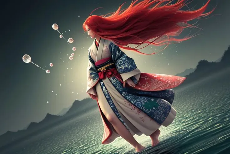 score_9, score_8_up, score_7_up, korean woman, floating red hair, long hair, floating hair, barefoot, (water:0.7), waterdrop, wet, high detailed green kimono texture, intricate pattern, ultra detailed, (textured clothing), (ultra-detailed body), (light smi...