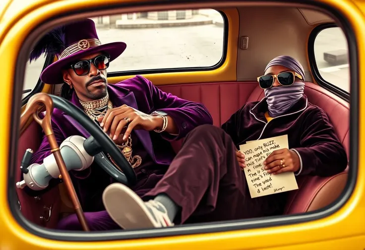 A striking, anthropomorphic Snoop Dogg, with an air of commanding charisma and a sophisticated demeanor, sits confidently in the driver’s seat of a quirky, vintage Fiat 500. Dressed in an extravagant outfit complete with a slick, deep purple velvet suit, a...