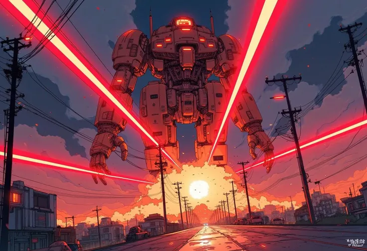 cyberpunk, anime, from below, epic scene of a giant mecha emitting red beams of light that destroys everything in its path, explosions, night time, city on flames,