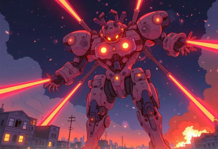 cyberpunk, anime, from below, epic scene of a giant mecha emitting red beams of light that destroys everything in its path, explosions, night time, city on flames,