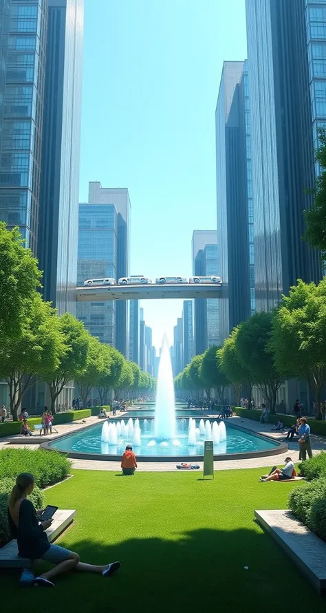 From the center of a lush urban park, towering glass skyscrapers reflect the bright blue sky and the vibrant greenery below. The park is filled with futuristic sculptures that seem to float in the air, surrounded by carefully maintained gardens and sleek, ...