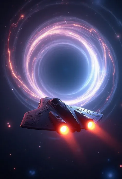 A sleek, futuristic spaceship is caught in the gravitational pull of a massive wormhole in deep space. The wormhole itself is a swirling vortex of bright, pulsating light, with bands of color ranging from deep purples to electric blues and radiant whites, ...