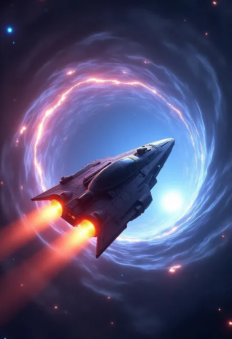 A sleek, futuristic spaceship is caught in the gravitational pull of a massive wormhole in deep space. The wormhole itself is a swirling vortex of bright, pulsating light, with bands of color ranging from deep purples to electric blues and radiant whites, ...