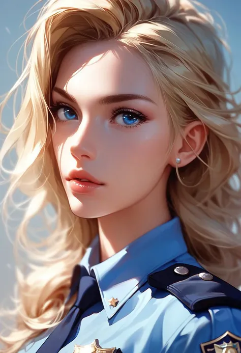 2010s adult Nordic woman with long blonde hair worn out and full, wearing police uniform, full lips and a soft face and blue eyes, score_9, score_8_up, score_7_up